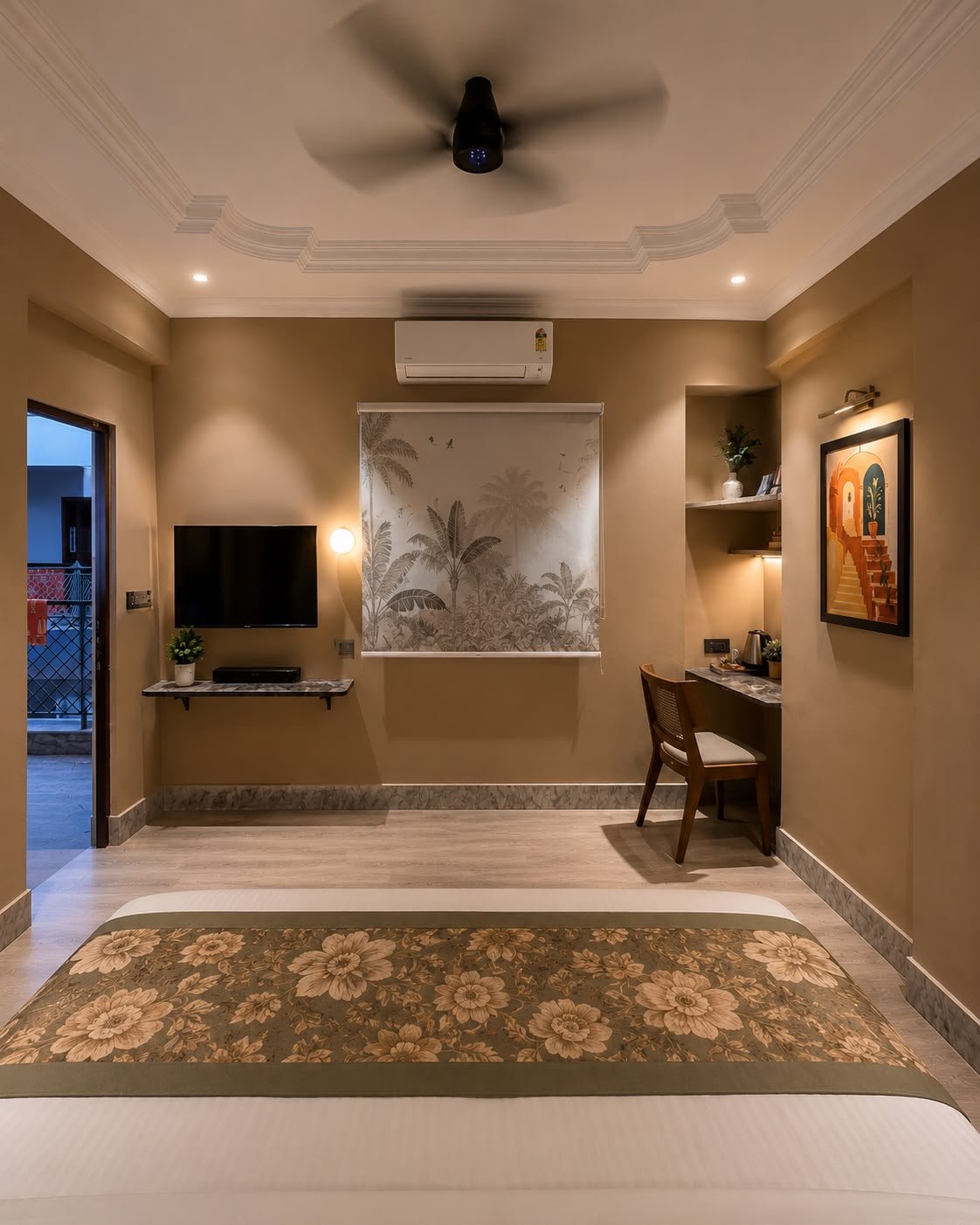 Deluxe Room at Social Villa Jodhpur with Smart TV, work desk, tea and coffee station and balcony access