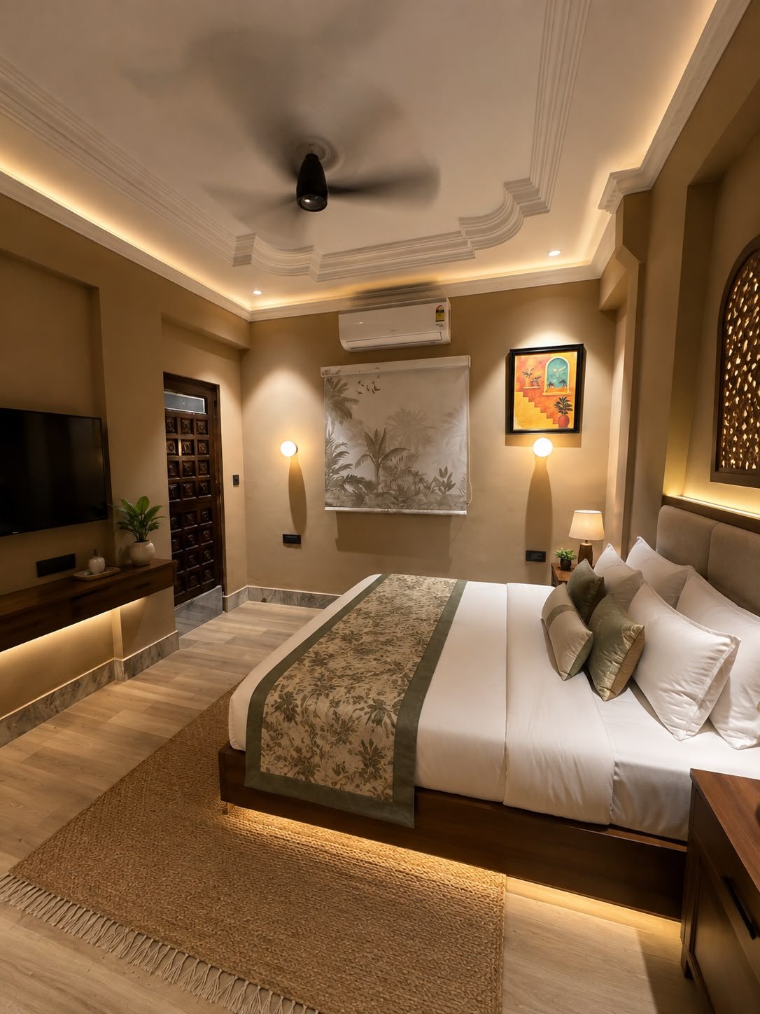 Premium Room at Social Villa Jodhpur with king-size bed, jute rug, carved wooden door and soft layered lighting