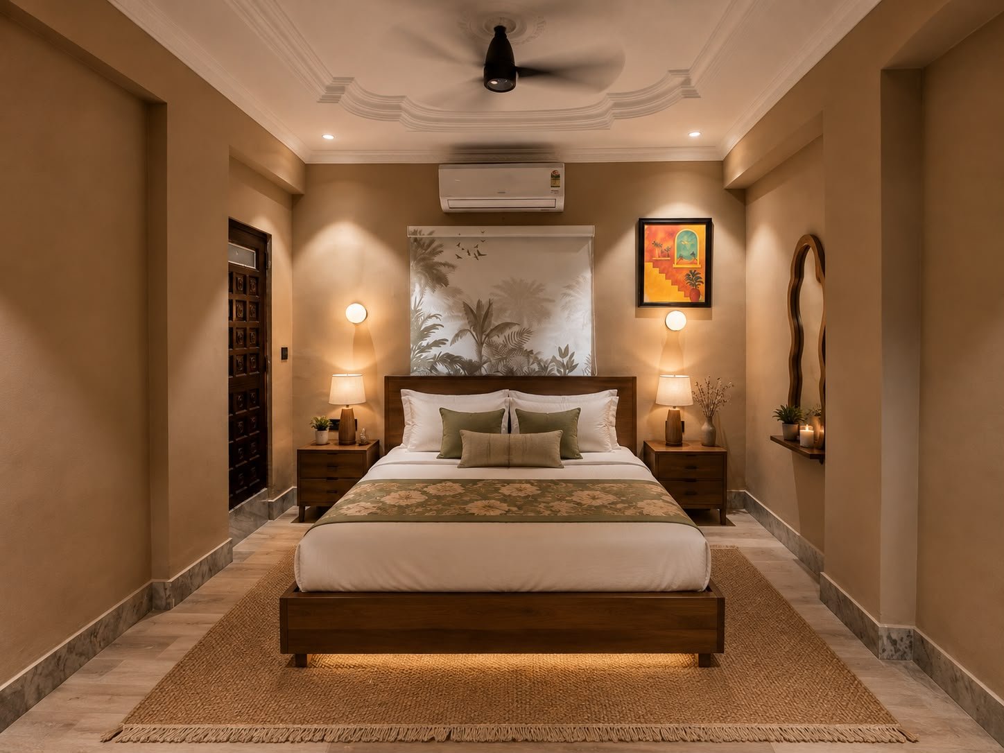 Bohemian-styled bedroom with jute rug, olive linen and warm lamps at Social Villa Jodhpur