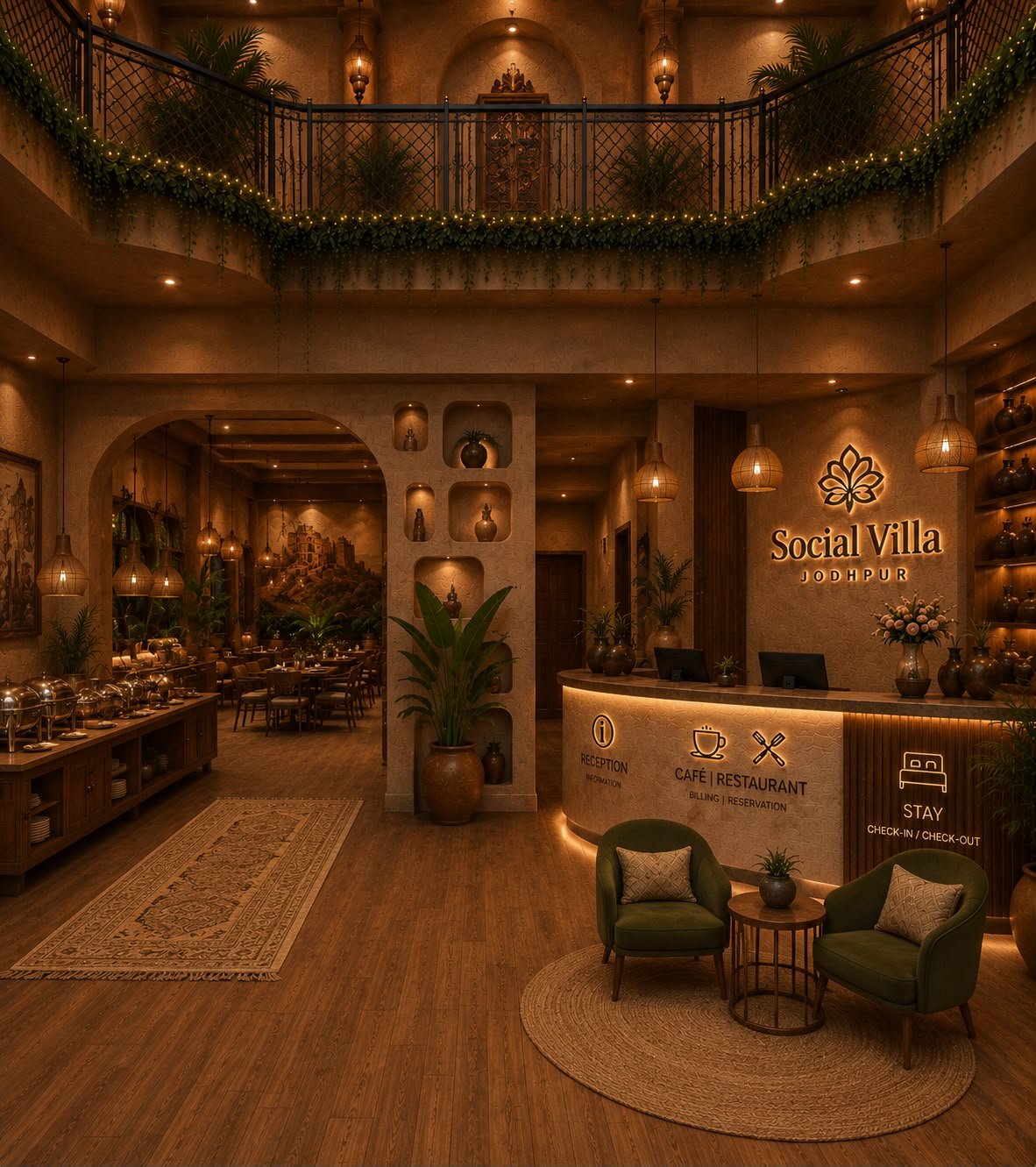 Reception and café lounge at Social Villa Jodhpur with warm lighting, cane pendants and green velvet armchairs